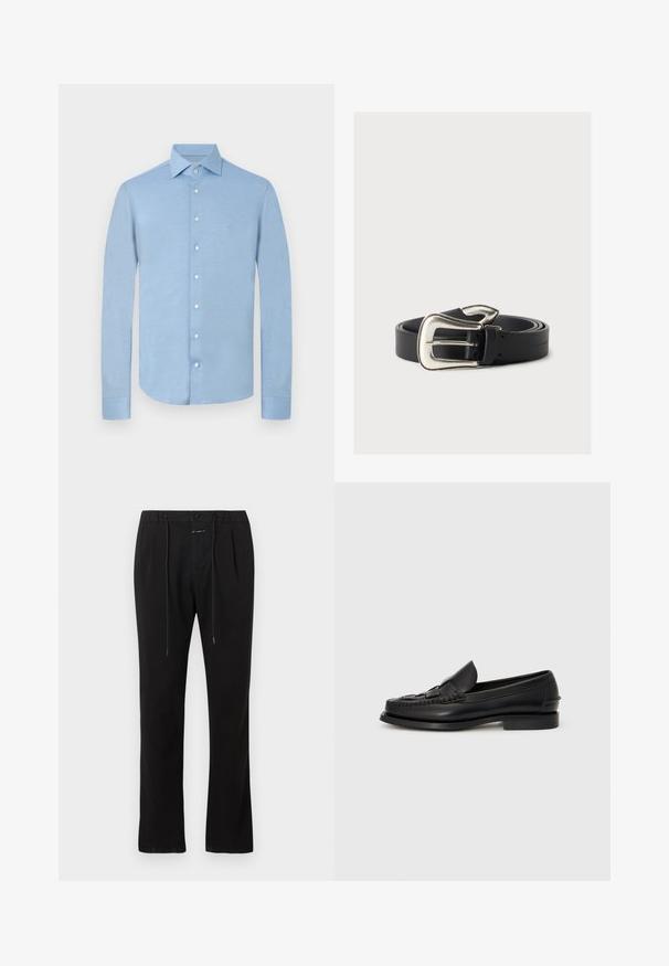 Chemise bleu clair à manches longues avec col classique et boutons blancs, présentée sur un fond clair uni.; Pantalon noir à jambes droites avec plis à l'avant, fermeture par bouton et zip, et cordon de serrage à la taille.; Mocassin en cuir noir avec un détail tissé à l'avant, bout arrondi et petit talon. Texture lisse et design minimaliste.; Ceinture en cuir noir avec une grande boucle argentée de style western, enroulée sur un fond neutre.
