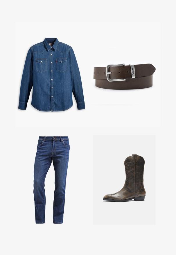 Dunkelblaue Jeanshemd mit langen Ärmeln, spitzem Kragen und Druckknöpfen. Verfügt über zwei Brusttaschen mit Klappen und kontrastierenden Nähten.; Dunkelblaue Jeans aus Denim mit geradem Schnitt, fünf Taschen, einem Knopfverschluss und dezentem Stone-Washing an den Oberschenkeln.; Braune Leder-Cowboystiefel mit hohem Schaft, spitzem Zehenbereich, aufwendigen Stickmustern und kleinem Absatz. Strukturierte Oberflächenbeschaffenheit.; Brauner Ledergürtel mit einer silbernen Metallschnalle, die eine rechteckige Form hat, sowie mehreren Löchern zur Größeneinstellung.