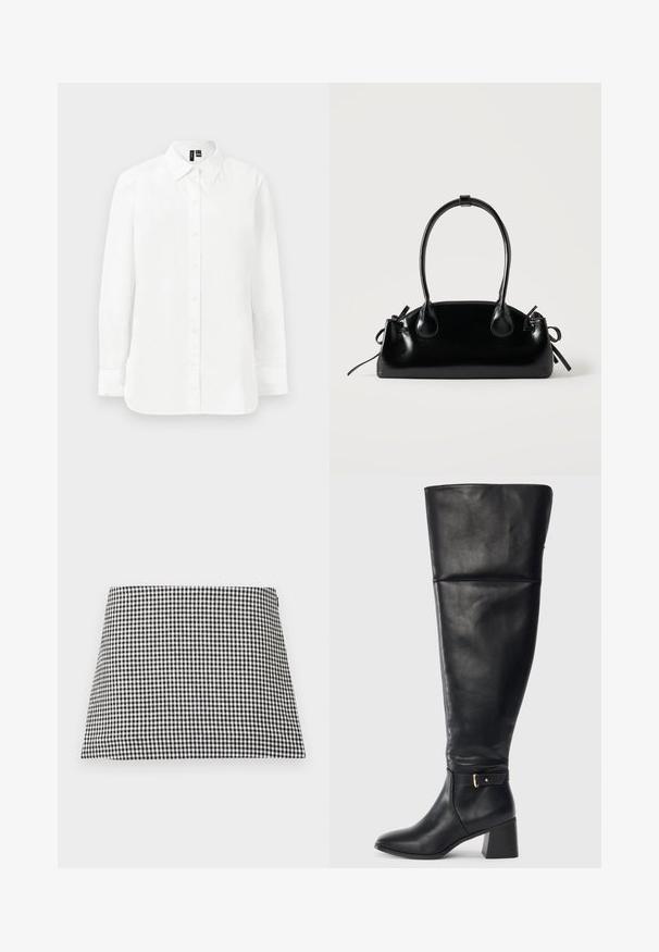 Chemise blanche à manches longues avec boutons, col pointu, poignets standards et ourlet droit sur fond clair uni.; Jupe mini trapèze à carreaux noirs et blancs avec une fermeture éclair latérale sur un fond uni.; Botte en cuir noire à hauteur de genou avec un talon carré et une sangle décorative avec boucle dorée au-dessus de la cheville, vue de côté sur fond blanc.; Petit sac à main noir brillant avec deux longues anses et des détails à cordon sur les côtés sur un fond clair uni.