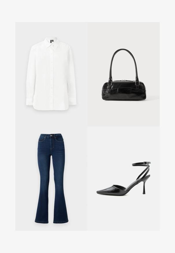 Chemise blanche à manches longues avec boutons, col pointu, poignets standards et ourlet droit sur fond clair uni.; Jean flare en denim bleu foncé à taille haute, comportant cinq poches, des passants de ceinture et des détails de couture subtils sur les coutures.; Escarpin noir à bout pointu avec fines brides de cheville et fermeture à boucle argentée sur fond clair uni.; Sac à main en cuir noir de forme rectangulaire, doté d'une seule ansse structurée, de quincaillerie argentée et d'une fermeture éclair. Texture lisse.