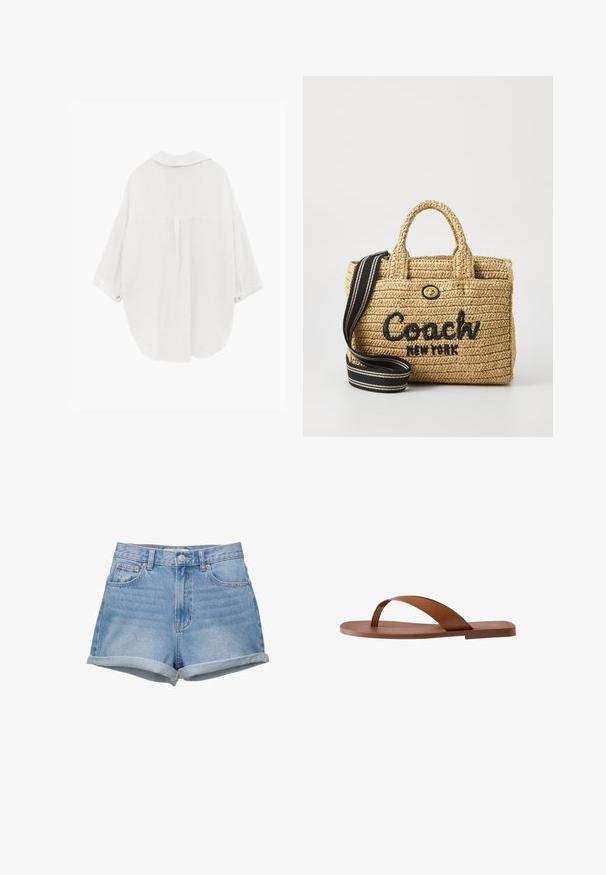 Losse witte blouse met lange mouwen, kraag en knoopmanchetten, gezien van achteren tegen een effen witte achtergrond.; Denim shorts in een lichtblauwe wastint, high-waisted met een knoopsluiting, vijf zakken en omgeslagen zoom. Gladde textuur, klassiek ontwerp.; Bruine platte sandaal met een enkele brede band over de voet en een teenstuk, zijaanzicht op een witte achtergrond.; Geweven rieten handtas met dubbele handvatten bovenaan, zwart geborduurd "Coach New York" logo, gouden hardware en een afneembare gestreepte schouderriem.