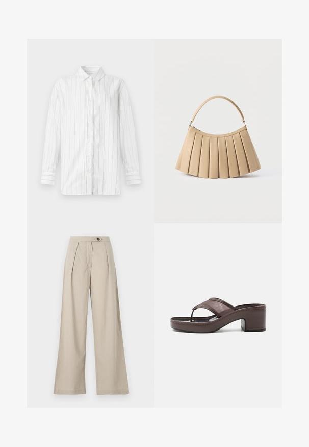 Chemise blanche à boutons avec des rayures verticales noires, manches longues, col classique et ourlet droit. Fabriquée en tissu léger.; Pantalon large beige à taille haute, avec des plis, une fermeture à un bouton et une texture de tissu lisse.; Sandale marron à talon avec lanière en mesh et design en tige, dotée d'un talon bloc et d'une semelle cousue, présentée de profil sur fond blanc.; Sac à main plissé beige avec fermeture éclair incurvée en haut et poignée arquée simple, présenté sur un fond blanc.