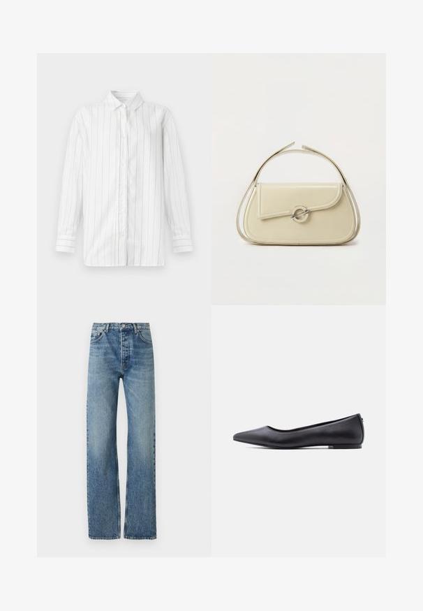 Hvid skjorte med lange ærmer, klassisk krave, lige kant og lodrette sorte striber. Lavet af letvægtsstof.; Lyseblå, høj talje jeans med lige ben, lavet af denimstof. Har klassisk fem-lomme design og sølv hardware.; Sort flad lædersko med spidst tåparti og lav hæl, vist i sideprofil mod en hvid baggrund.; Cremefarvet læderhåndtaske med buet klap, cirkulært sølvspænde og kort topstrop på en ens hvid baggrund.