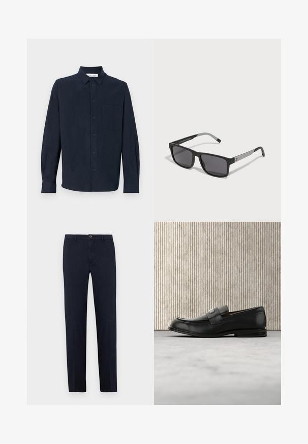 Navy-blaues Langarmhemd aus weichem Stoff, mit durchgehender Knopfleiste, spitzem Kragen und einer einzelnen Brusttasche.; Marineblaue Baumwollhose mit geradem Bein, Frontreißverschluss und Ein-Knopf-Verschluss. Glatte Textur ohne sichtbare Muster.; Schwarzer Lederloafer mit einer Metallmarkenplatte, der nahe einem braunen runden Tisch auf beigem Teppichboden ruht.; Tommy Hilfiger Sonnenbrille - black/grey