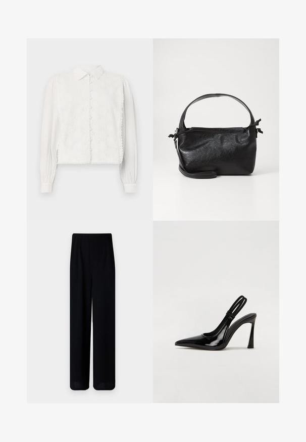 Hvid bluse med krave, knaplukning og blomsterlignende spidsed panel på forsiden. Lange ærmer med samlede manchetter og bølgede kanter.; Vero Moda Petite VMLIVA SUPER WIDE PANTS - Bukser - black; Sorte patenterede lædersædler med spidse tæer, slank høj hæl og dobbelt elastisk rem for sikker pasform. Glat, skinnende overflade.; Sort læderhåndtaske med et struktureret design, rund tophåndtag og aftagelig skulderrem. Den har en glat tekstur og en subtil glans.