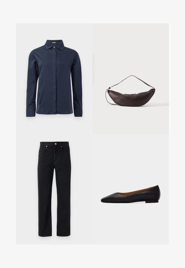 Marineblauwe, lange mouwen blouse met een gladde, lichtgewicht stof. Heeft een klassieke kraag en een discrete frontknoopsluiting.; Zwarte denim jeans met een recht model, vijf-pocket ontwerp, koperen knoopdetails en minimale zichtbare stiksels.; Zwarte leren puntschoen met lage hak en gladde afwerking, zijaanzicht op een lichtgrijze achtergrond.; Donkerbruine leren schoudertas in halve maan vorm met een gebogen band en zichtbare stiksels op een effen achtergrond.
