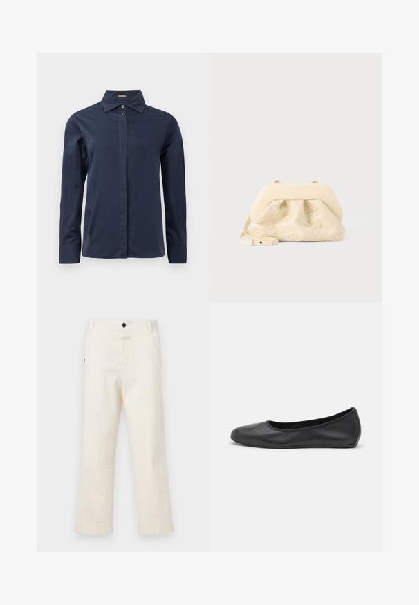 Marineblauwe, lange mouwen blouse met een gladde, lichtgewicht stof. Heeft een klassieke kraag en een discrete frontknoopsluiting.; Beige katoenen broek met een recht model, voorzien van een voorknoopsluiting en een zak met een ronde knoopaccent.; Zwarte leren ballerina met een ronde neus, gladde textuur, minimale stikdetails en een flexibele zoolontwerp.; Crèmekleurige stoffen handtas met bloemrijke borduursels, zachte afgeronde bovenkant en verstelbare band, plat gelegd op een lichtgrijze achtergrond.