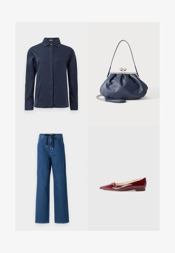 Marineblaues, langärmliges Hemd mit Knöpfen aus glattem, leichtem Stoff. Verfügt über einen klassischen Kragen und eine dezente Vorderleiste.; Weite, dunkelblaue Denim-Hosen mit einem Gummizugbund und vorderen Taschen. Der Stoff hat eine glatte Textur mit subtilen Nähten.; Burgunderfarbene Lacklederballerinas mit spitzem Zehenbereich, ausgestattet mit einem kleinen Ausschnitt und einem niedrigen Absatz. Glatte Textur und elegantes Design.; Weiche navyblaue Ledertasche mit silberner Verschlussklammer, einem einzelnen Schulterriemen und abnehmbarem Ketten-Handgelenksriemen auf weißem Hintergrund.