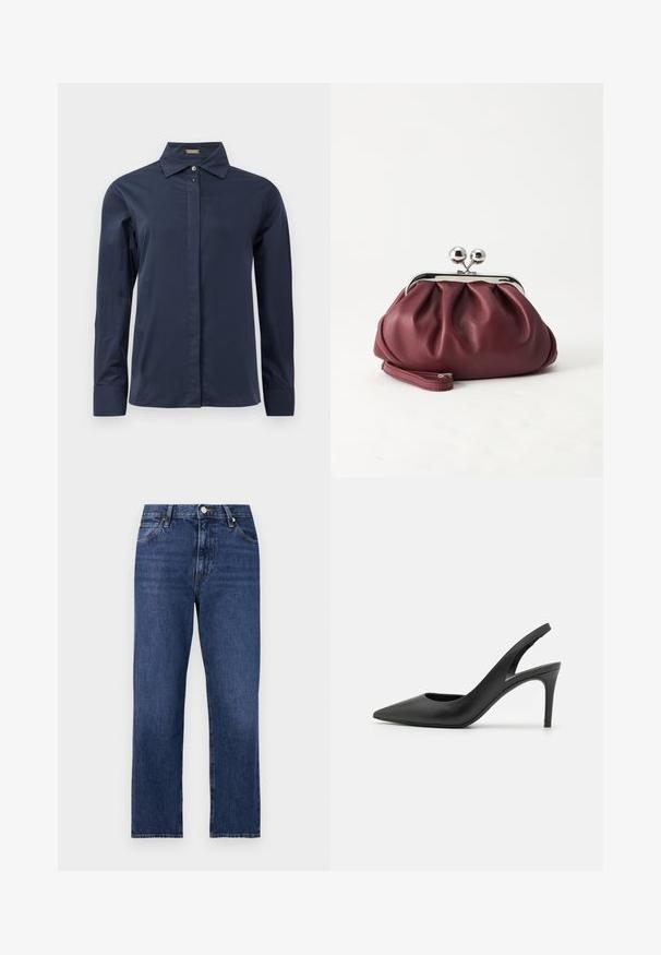 Marineblaues, langärmliges Hemd mit Knöpfen aus glattem, leichtem Stoff. Verfügt über einen klassischen Kragen und eine dezente Vorderleiste.; Jeans aus Denim in einem dunklen Blauton. Gerades Bein Design mit fünf Taschen, Frontknopfverschluss und kontrastierenden Stickereidetails.; Schwarze Leder Slingback High Heels mit einem spitzen Zehendesign, das an der Vorderseite ein Ausschnitt hat und einen dünnen Stilettoblock. ; Kleine burgunderrote Lederclutch mit silbernem Metallverschluss und Handgelenksriemen auf weißem Hintergrund.