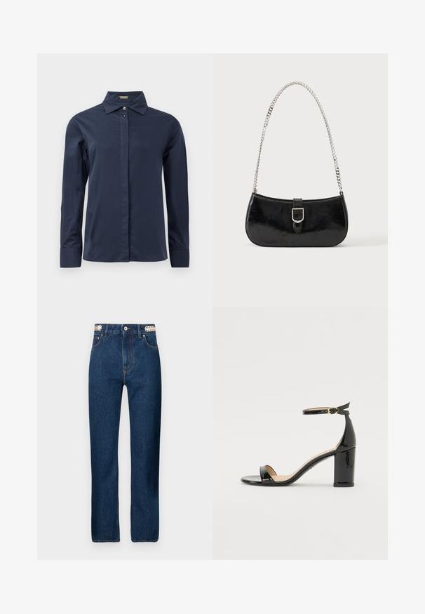 Marineblå, langærmet skjorte med knapper lavet af et glat, let materiale. Har en klassisk krave og en diskret frontplacket.; Rabanne Jeans Straight Leg - dark blue denim; Sort laklæder højhælet sandal med ankelrem og guldlås, åben tå og blokhæl på hvid baggrund.; Sort skuldertaske i laklæder med sølv spænde og sølv kæderem, vist mod en ensartet lys baggrund.