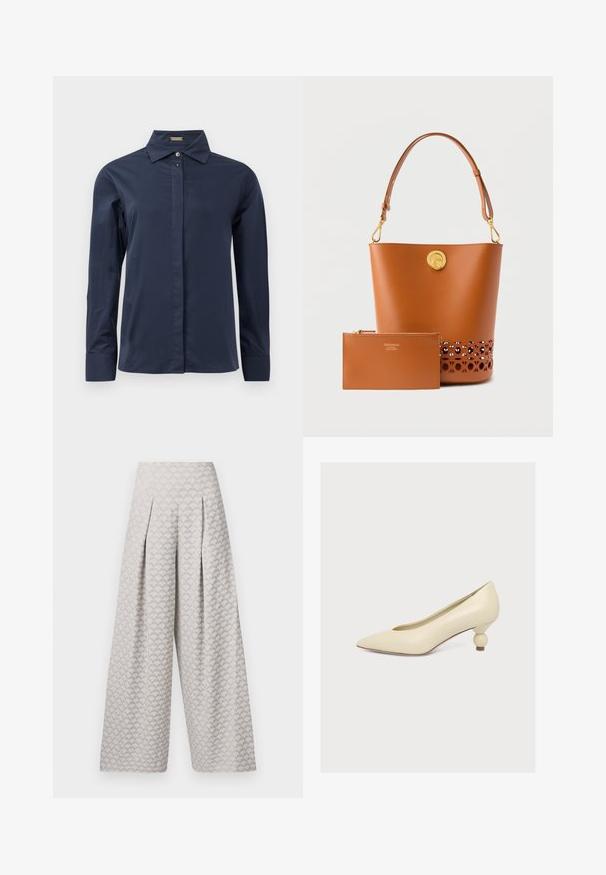 Marineblauwe, lange mouwen blouse met een gladde, lichtgewicht stof. Heeft een klassieke kraag en een discrete frontknoopsluiting.; Lichtgrijze wijde broek met een textuurpatroon dat lijkt op kleine driehoeken, met een hoge taille en plooien voor extra structuur.; Crèmekleurige pumps met een spitse neus, een korte, ronde gestapelde hak en een gladde matte afwerking op een effen lichte achtergrond.; Tan leren bucketbag met gouden gesp, verstelbare riem en bijpassend ritsvakje met merklogo aan de voorkant.