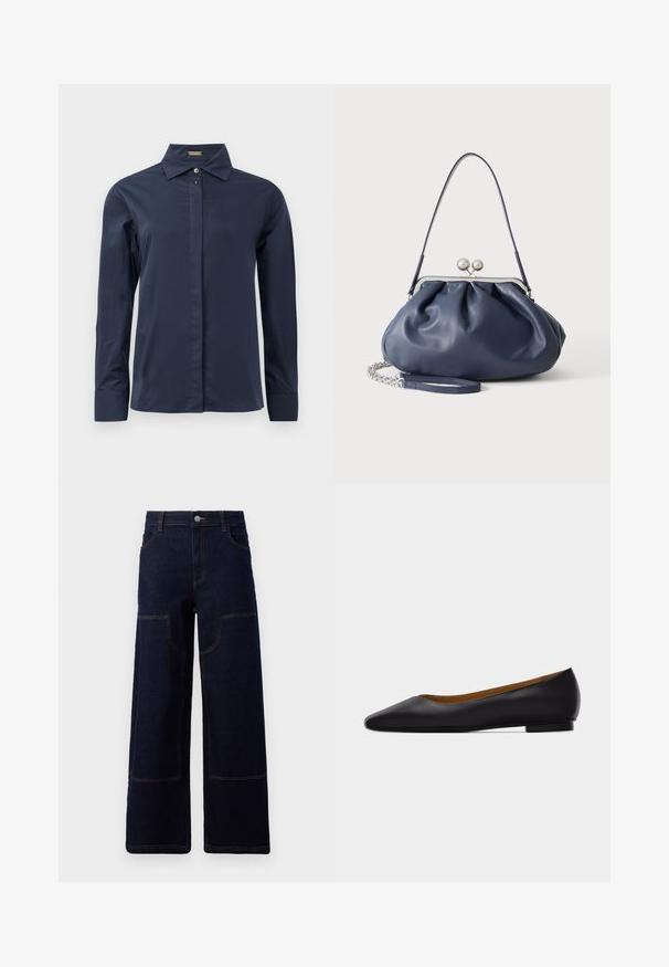 Marineblauwe, lange mouwen blouse met een gladde, lichtgewicht stof. Heeft een klassieke kraag en een discrete frontknoopsluiting.; Donkerblauwe wijde denim jeans met voorpatchzakken en contrasterend oranje stiksel, knoopsluiting bij de taille.; Zwarte leren puntschoen met lage hak en gladde afwerking, zijaanzicht op een lichtgrijze achtergrond.; Zachte navyblauwe leren handtas met zilveren sluiting, enkele schouderband en afneembare ketting polsband op witte achtergrond.