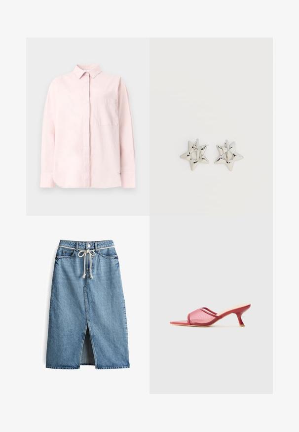 Hellrosa langärmliges Hemd mit Knopfleiste, spitzem Kragen und Brusttasche, vor einem einfarbigen hellen Hintergrund präsentiert.; Denim-Midi-Rock, hellblau, mit Schlitz vorne, Kordelzugbund, klassischem Fünf-Taschen-Design und Kontrastnähten.; Rote offene Mules mit einem Mesh-Obermaterial, quadratischer Spitze und einem dünnen, schrägen Absatz. Glatte Textur mit minimalen Details.; Silberne, sternförmige Creolen mit einer glatten, polierten Oberfläche auf weißem, schlichtem Hintergrund.