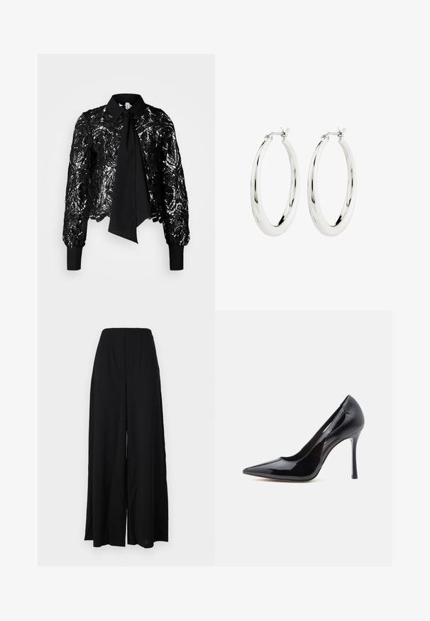 Vero Moda Tall VMEDA SHORT BOW SHIRT - Blusa - black; Pantalones de pierna ancha negros, confeccionados con una tela texturizada, que presentan una cintura alta con pliegues y bordes limpios para una silueta elegante.; Zapato de salón negro de tacón alto con punta puntiaguda, acabado en charol brillante y diseño recortado en los laterales, con un elegante tacón de aguja.; Pendientes de aro de plata con un acabado suave y brillante. Forma circular, con un cierre seguro. Diseño sencillo y elegante.