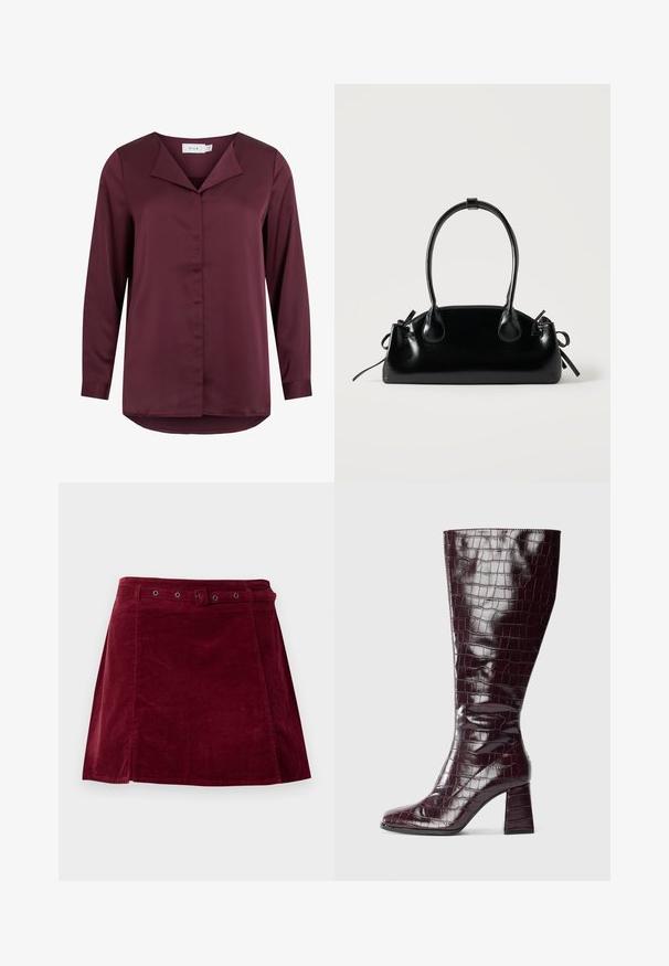 Donkerbordeaux blouse met lange mouwen, een omgeslagen kraag en een verborgen knoopsluiting aan de voorkant, gemaakt van gladde stof.; Donkerrode corduroy rok met een bijpassende riem en metalen oogjes, met een lichte A-lijn vorm en detail op het voorpaneel.; Donker burgundy knie-hoge laars met krokodillenstructuur en blokhak op een witte achtergrond, zijaanzicht weergegeven.; Kleine zwarte glanzende handtas met twee lange hengsels en zijkant trekkoord details op een effen lichte achtergrond.