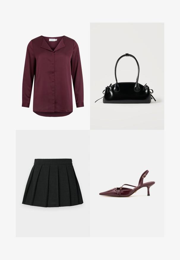 Blouse bordeaux foncé à manches longues avec col plié et fermeture à boutons dissimulée sur le devant, réalisée en tissu lisse.; Jupe plissée noire en tissu texturé. Dispose d'une taille et d'un léger motif écossais tout au long. Longueur courte avec des plis superposés.; Chaussures à talons en cuir verni bordeaux, à bout pointu, avec des sangles décoratives et des accents dorés. Hauteur de talon de 5 cm.; Petit sac à main noir brillant avec deux longues anses et des détails à cordon sur les côtés sur un fond clair uni.