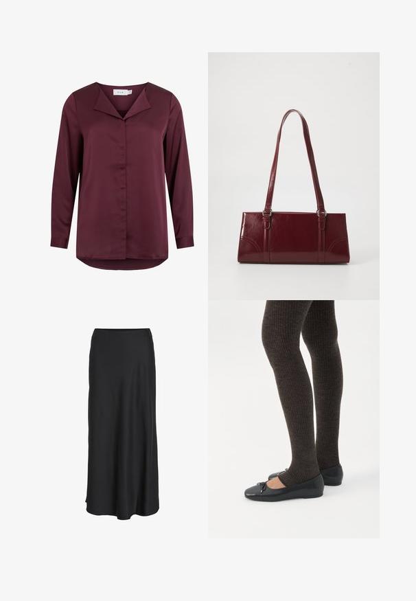 Donkerbordeaux blouse met lange mouwen, een omgeslagen kraag en een verborgen knoopsluiting aan de voorkant, gemaakt van gladde stof.; Zwarte maxi rok gemaakt van glad, lichtgewicht stof. Heeft een eenvoudige A-lijn silhouet met een licht uitlopende zoom en geen zichtbare sluitingen.; Benen met donkere geribbelde leggings gecombineerd met zwarte ballerina's met kleine strikdetails op een witte achtergrond.; Bourgondische handtas van glanzend materiaal, rechthoekige vorm, met twee schouderbanden en subtiele gebogen accenten aan de voorkant.