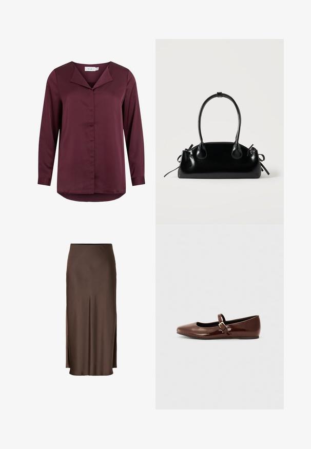 Langærmet mørkerød bluse med foldet krave og skjult knappelukning foran, lavet af glat stof.; Brun satin nederdel med et lige design, der har sideslids for let bevægelse og en glat tekstur gennem stoffet.; Brun patentlæder balletflade med firkantet tå og strop med en lille guldbuckle. Glat tekstur, lav hæl og minimalistisk design.; Lille sort blank håndtaske med to lange håndtag og snøre-detaljer i siden på en ensfarvet lys baggrund.