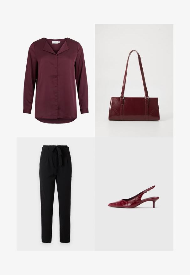 Donkerbordeaux blouse met lange mouwen, een omgeslagen kraag en een verborgen knoopsluiting aan de voorkant, gemaakt van gladde stof.; Zwarte broek van een zacht, flexibel materiaal, met een strikband in de taille, voorplooien en een taps toelopend ontwerp.; Bordeaux lederen slingback pump met krokodillenstructuur, puntige neus, verstelbare gesp en lage kittenhak op een witte achtergrond.; Bourgondische handtas van glanzend materiaal, rechthoekige vorm, met twee schouderbanden en subtiele gebogen accenten aan de voorkant.