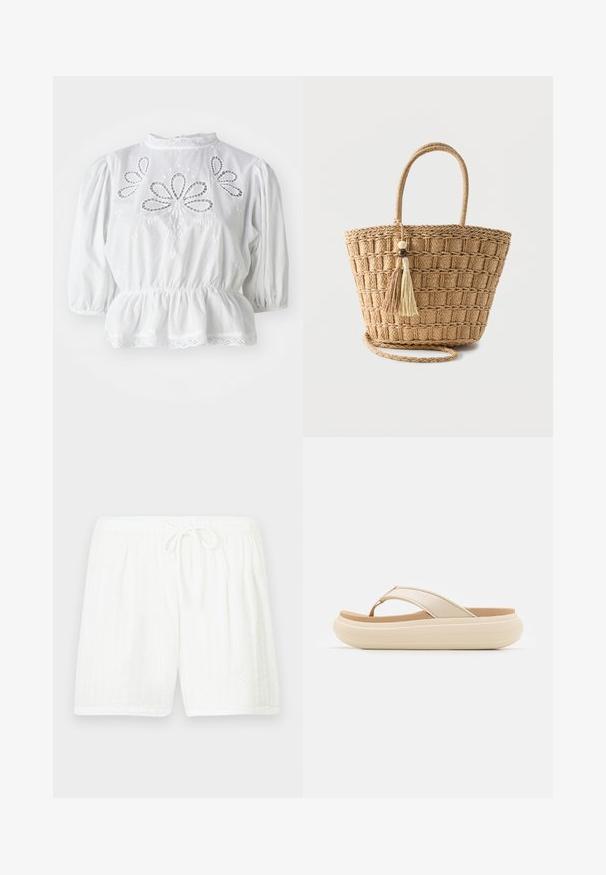 Blusa blanca con mangas abullonadas, recortes bordados en el torso, cintura peplum y encaje en el cuello y el dobladillo.; Pantalones cortos blancos de algodón con cintura elástica y cordón. Presentan un patrón texturizado con rayas verticales y bolsillos laterales.; Chancla beige con una amplia correa en los dedos y una suela gruesa y redondeada. Presenta un material superior suave y una plantilla en color marrón que contrasta.; Bolso tote de paja tejido con asas redondeadas, patrón cuadrado y dos borlas colgantes con cuentas de madera sobre un fondo liso.