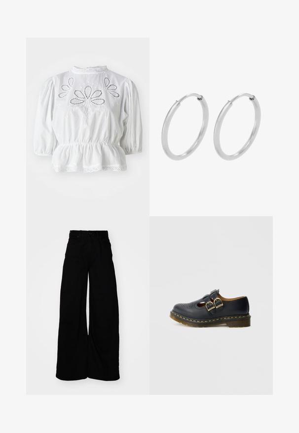 Blusa blanca con mangas abullonadas, recortes bordados en el torso, cintura peplum y encaje en el cuello y el dobladillo.; Pantalones de denim negros de pierna ancha con una cintura alta, que cuentan con pasadores para cinturón, cinco bolsillos y un acabado limpio y texturizado.; Zapato de cuero negro con dos correas de hebilla, detalles perforados, puntera redondeada y un acento de costura amarilla alrededor de la suela.; Pendientes de aro de plata, forma circular, textura lisa y brillante, y ancho constante en toda su extensión. Diseño minimalista sin acentos adicionales.