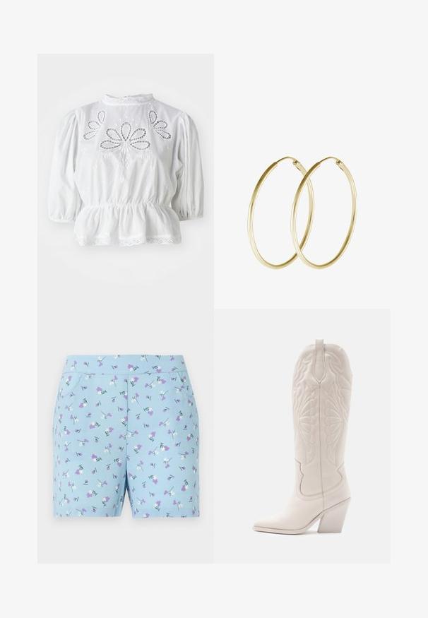 Witte blouse met opgeblazen mouwen, geborduurde uitsparingen op het lijfje, peplum-taillering en kantafwerking bij de halslijn en zoom.; Blauwe shorts van zachte stof, met een bloemenpatroon met witte en paarse bloemen, en zijzakken. Ontworpen voor comfort en stijl.; Witte leren cowboylaars met een spitse neus en een vierkante hak. Heeft ingewikkelde stikpatronen op de schacht en een soepele textuur.; Gouden hoop oorringen met een glad, rond ontwerp en een glanzende afwerking. Lichtgewicht constructie met een stevige sluiting.