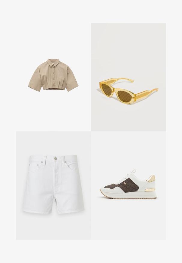 Beige cropped skjorte med korte, brede ærmer og klassisk krave på hvid baggrund.; Hvide denimshorts med forlommer, bæltestropper og metal-knaplukning, vist mod en ensfarvet baggrund.; Hvide sneakers med brunt mønstret stofpanel, guld hardwaredetaljer, rund tå, snørebåndsdesign og tekstureret gummisål.; Gule gennemsigtige katteøje-solbriller med brune linser, der har et gentagende Gucci-logo mønster på en hvid baggrund.