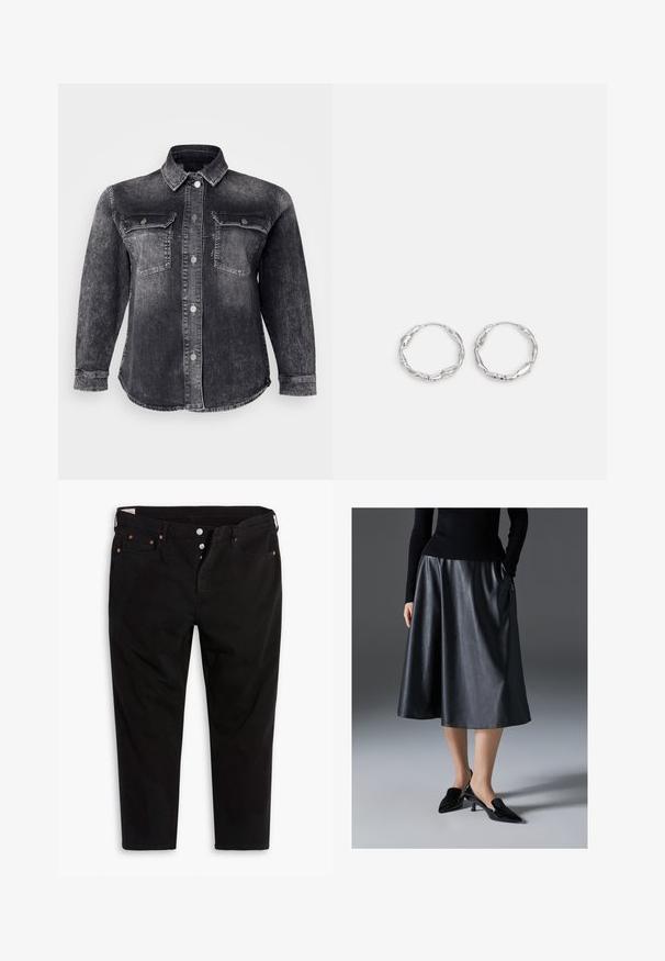 Schwarze Jeansjacke mit durchgehender Knopfleiste, zwei Brusttaschen und klassischem Kragen. Der Stoff hat eine ausgebleichte, strukturierte Oberfläche.; Schwarze Jeanshose mit geradem Bein. Verfügt über fünf Taschen, Metallknopfverschluss und orangefarbene Nähtigkeiten. Aus Baumwollmaterial.; Schwarzer Leder-Midirock mit glatter Textur; verfügt über einen Taillenbund und Seitentaschen. Kombiniert mit glänzenden schwarzen Absatzschuhen.; Silberne Creolen mit einer welligen, unregelmäßigen Textur. Besitzen eine dünne, kreisförmige Form und eine reflektierende Oberfläche.