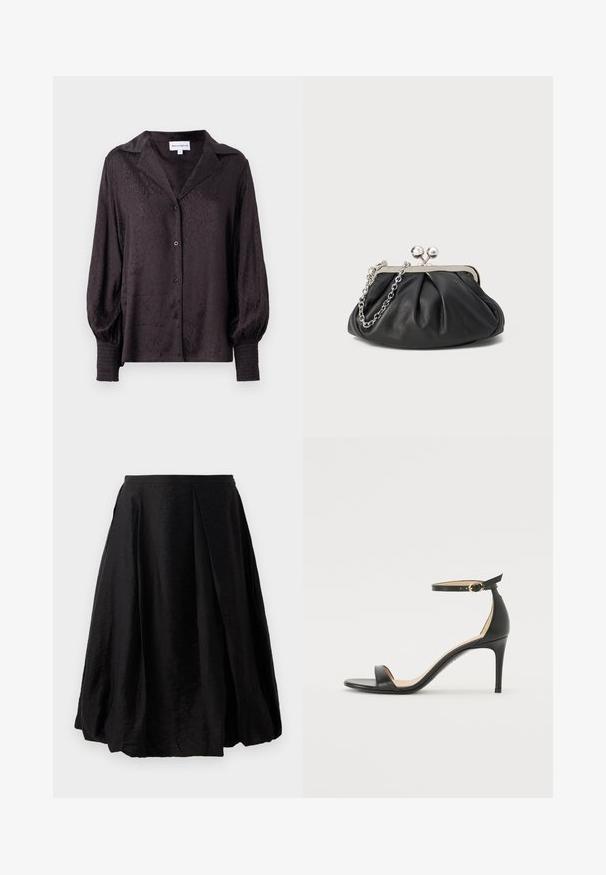 Mustard satin blouse, milleudega loomamustriga, nööpide kinnitusega ja vabalt langev. Ominib puffhuppud ja smockitud detailid varrukaotsades.; Must have mustriga mustriga kerge ja tekstuuriga kangas. A-lõikega, keskmise sääre pikkuse ja külgpaneeli lukuga. Ilma nähtava mustrita.; Must musta kõrgete kontsadega sandaal, millel on pahkluule kinnituv rihm. Omab sileda tekstuuri, avatud varbaosa ning õhukest kontsa. Kuldtooniline pandla detail.; Musthave musta nahast käekott, millel on volditud tekstuur, hõbedane metallraam, lukustatud sulgemismehhanism ja kett. Sile ja pehme pind.