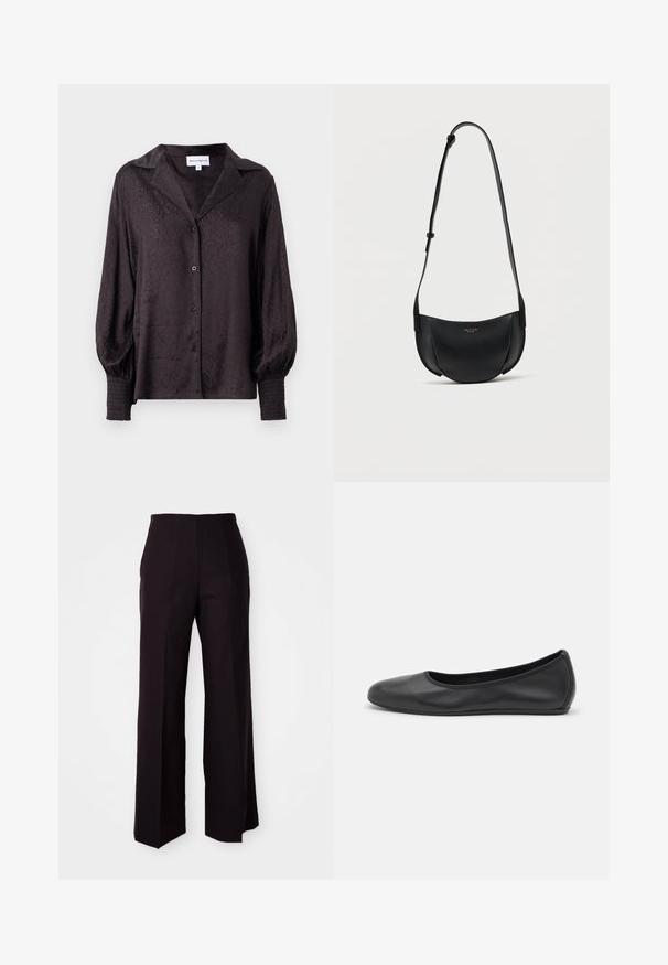 Schwarze Satinbluse mit dezentem Tierdruck, Knopfverschluss und lockerer Passform. Verfügt über Ballonärmel und geraffte Details an den Manschetten.; Schwarze weite Hose mit hoher Taille, aus einem glatten Material und dezenten Vorderfalten, maßgeschneidert für eine strukturierte Passform.; Schwarze Leder-Ballettschuhe mit abgerundeter Spitze, glatter Textur, minimalen Nähdetails und einem flexiblen Sohlen-Design.; Schwarze, halbmondförmige Umhängetasche aus Leder mit verstellbarem Riemen und kleinem goldenem Logo in der Mitte vorne.