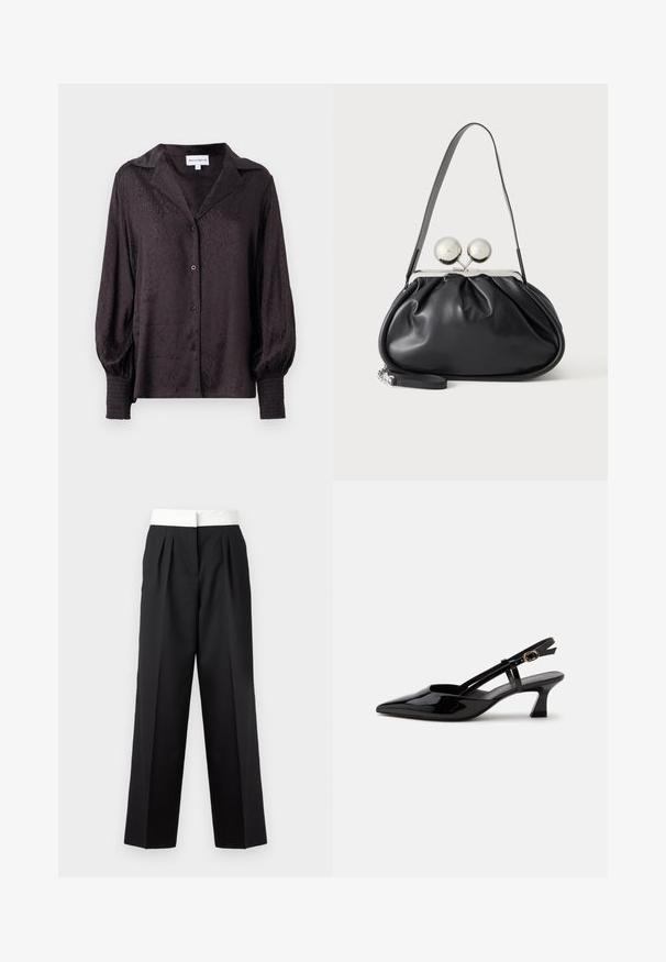 Schwarze Satinbluse mit dezentem Tierdruck, Knopfverschluss und lockerer Passform. Verfügt über Ballonärmel und geraffte Details an den Manschetten.; Schwarz gefaltete Hose mit breitem weißen Bund, gerader Schnitt und eleganter Textur für einen strukturierten Look.; Schwarzer Slingback-Pumps aus Lackleder mit spitzer Spitze und verstellbarem goldfarbenem Riemen auf weißem Hintergrund.; Schwarze Ledertasche mit gerafftem Design, einem einzelnen Riemen, silbernem Metallrahmen und zwei großen runden silbernen Verschlüssen.