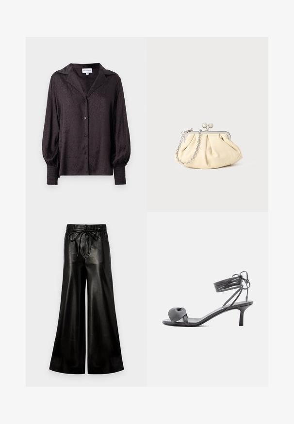 Schwarze Satinbluse mit dezentem Tierdruck, Knopfverschluss und lockerer Passform. Verfügt über Ballonärmel und geraffte Details an den Manschetten.; Schwarze Leder-Hosen mit weitem Bein und Kordelzugbund. Glatte Textur, hohe Taille, lockere Passform, mit seitlichen Taschen und Knopfverschluss.; Graue Leder-Pumps mit Absatz, verknotetem Riemen über den Zehen und Wickelriemen um den Knöchel auf schlankem, mittelhohem Absatz vor weißem Hintergrund.; Faltige beigefarbene Ledertasche mit einem silbernen Metallrahmen, ausgestattet mit zwei runden dekorativen Verschlüssen und einem silbernen Kettenriemen.