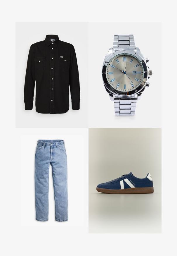 Sort skjorte med knapper og spidse krave, to brystlommer, hvide trykknapper og tekstureret stof. Wrangler-logo på venstre bryst.; Lyseblå straight-leg denimjeans med forreste knap- og lynlås, bæltestropper og skrå forlommer.; Marineblå sneaker med hvide sidelstriber, brun textured sål og "JACK & JONES" logo på siden og hælflappen.; Sølv rustfrit stål ur med et rundt urkasse, børstet metallisk skive, blå timemarker og en dato visning. Har en leddet armbåndsrem.