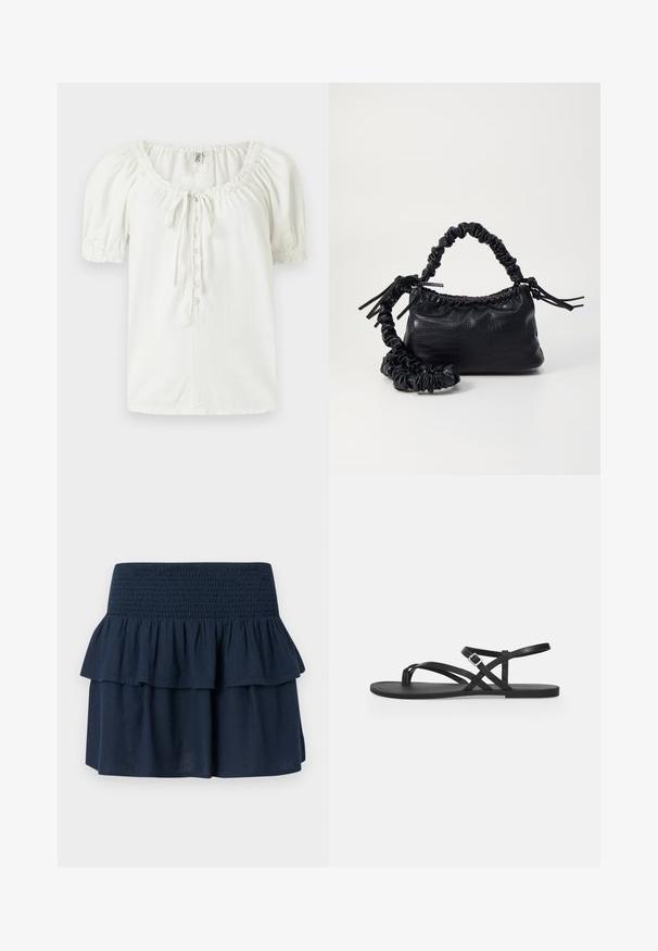 Witte blouse met korte mouwen, elastische halslijn, knoopsluiting aan de voorkant, strikdetail en elastische manchetten, afgebeeld op een effen achtergrond.; Marineblauwe minirok met brede geplooide tailleband en gelaagde ruches bovenaan.; Zwarte platte sandaal met dunne bandjes, teugel en verstelbare gesp enkelriem op een effen lichtgrijze achtergrond.; Zwarte nepleer handtas met een krokodillenstructuur, opgedroogde bovenkant en een gekreukte hengsel. Het lijkt zacht en compact van ontwerp.