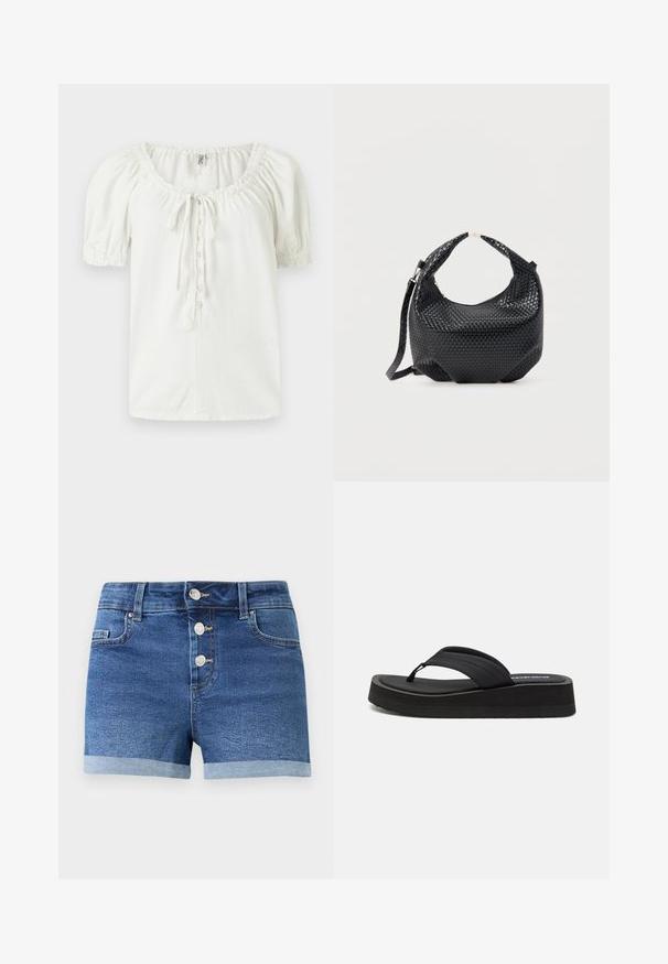 Blusa blanca de manga corta con escote elástico, cierre de botones en el frente, detalle de lazo y puños elásticos, mostrada sobre un fondo liso.; Pantalones cortos de mezclilla azul con tres botones metálicos, bajos doblados, presillas para cinturón y bolsillos delanteros sobre un fondo blanco liso.; Even&Odd Wide Fit Sandalias de dedo - black; Bolso de mano de cuero negro trenzado con asa corta y correa de hombro desmontable, exhibido sobre un fondo claro y liso.