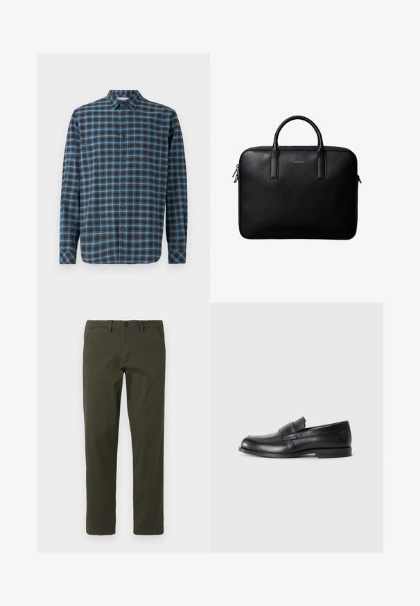 Samsøe Samsøe SALIAM - Camisa - turkish coffee; Pantalones rectos de color verde oliva, hechos de una mezcla de algodón. Cuentan con cremallera, trabillas para cinturón y dos bolsillos laterales. Textura suave.; Mocasines de cuero negro con punta redondeada, detalles cosidos y suela plana de goma. Presentan una banda ancha sobre el empeine.; Maletín de cuero negro texturizado con doble asa y tiradores de cremallera plateados, centrado sobre fondo blanco.