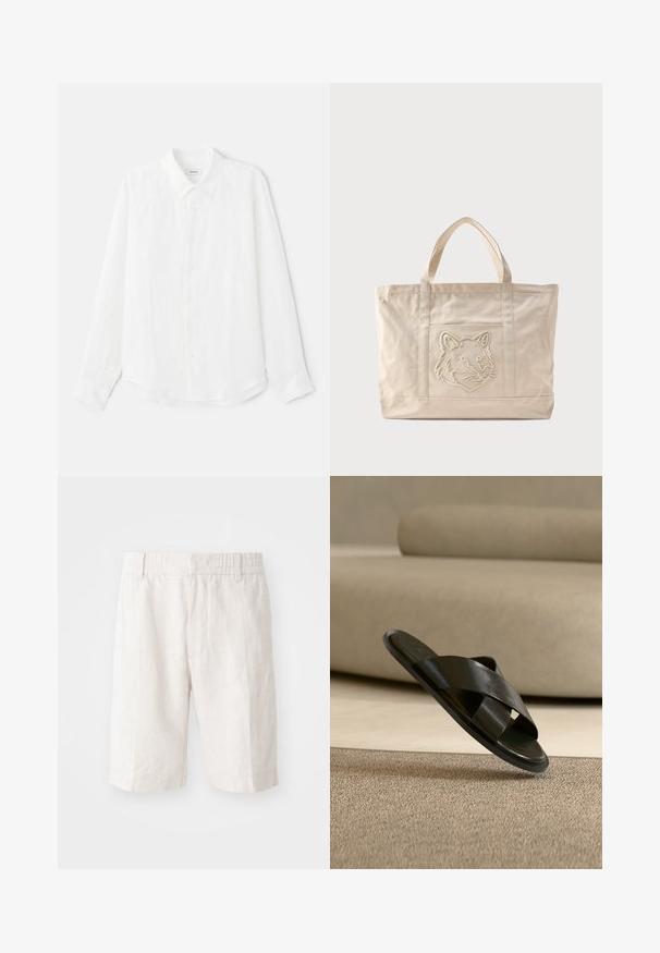 Chemise blanche à manches longues en lin, avec un col classique, une fermeture à boutons sur le devant et une texture lisse. Ourlet légèrement arrondi.; Shorts en lin beige clair avec une taille élastique, poches latérales et une coupe droite. Texture lisse avec des coutures minimales visibles.; Sandale noire en cuir à enfiler avec des brides croisées flottant au-dessus d’un tapis beige texturé dans une pièce aux tons neutres avec un canapé en arrière-plan.; Sac fourre-tout en toile beige avec doubles anses et un motif en relief de tête de loup sur la poche avant.
