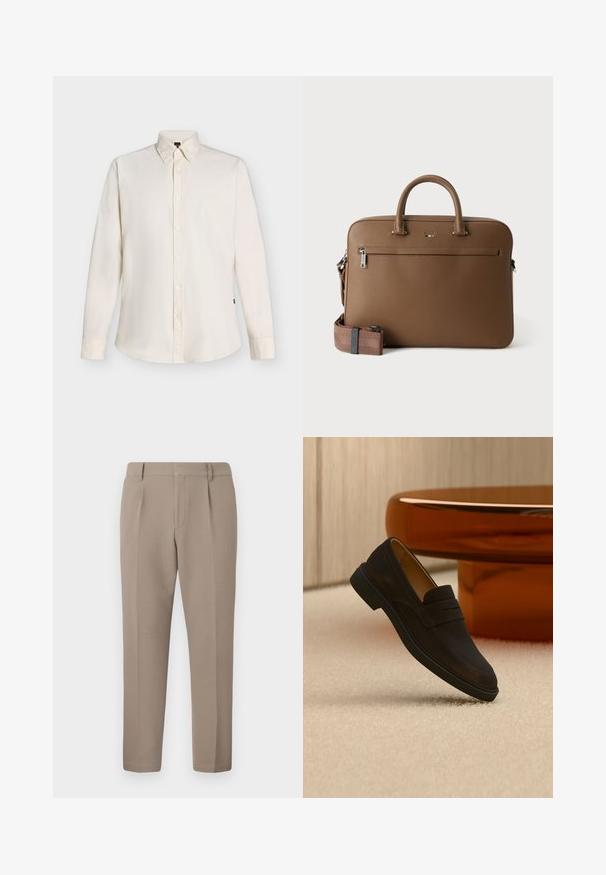 Chemise beige à manches longues boutonnée, col pointu et poignets standards, présentée sur un fond clair uni.; Pantalon en tissu marron clair avec une texture lisse, présentant un design ajusté, des plis à l'avant et une coupe slim, s'arrêtant aux chevilles.; Mocassin en daim marron foncé avec semelle noire flottant au-dessus d'un tapis beige, table en verre orange dans un décor de pièce avec boiseries claires en arrière-plan.; Mallette en cuir marron avec poignées supérieures, poche avant zippée et bandoulière assortie amovible sur fond blanc.