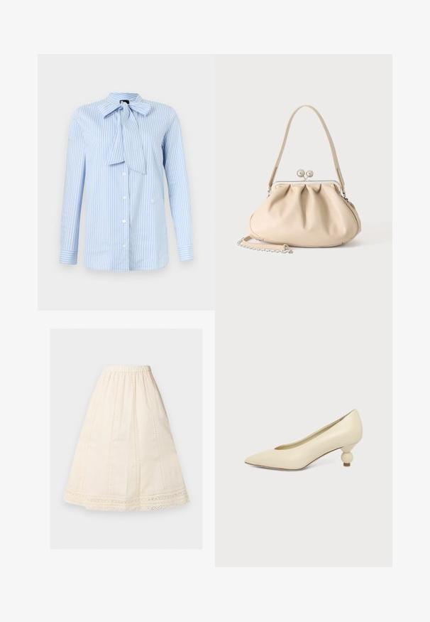 Light blue long-sleeve blouse with white vertical stripes, button-down front, and a large bow tied at the collar.; Cream-colored midi skirt with A-line shape, elastic waistband, vertical eyelet stitch panels, and lace trim along the hem.; Cream-colored women's pointed-toe low heel shoe with a round, ball-shaped heel on a plain background.; Beige soft leather handbag with a silver metal frame clasp, single shoulder strap, and an optional chain strap on a white background.