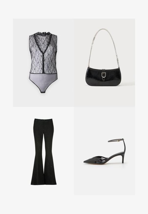 Hofmann Copenhagen EXCLUSIVE MARY - Top - black; Čierne rozšírené nohavice vyrobené z textúrovanej tkaniny, s lesklým vzorom, priliehavým pásom a rozšírenými nohavicami od kolena.; Čierna kožená topánka na vysokom opätku s špicatou špičkou, otvorenými stranami a tenkým remienkom okolo členka so zlatým kovovým detailom.; Čierna lakovaná kožená kabelka na rameno so striebornou prackou a strieborným reťazovým remienkom, zobrazená na jednofarebnom svetlom pozadí.