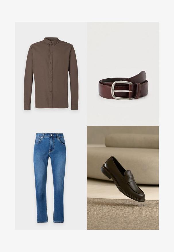 Camisa de manga larga de color marrón oscuro con cuello clásico, ocho botones frontales y una textura de tela suave y ligera.; Jeans de mezclilla azul con diseño de pierna recta, cinco bolsillos y detalles de costura visibles. El material muestra un ligero desvanecimiento. Estilo clásico.; Un solo mocasín de cuero marrón oscuro flotando sobre una alfombra beige texturizada, con un sofá beige desenfocado al fondo.; Cinturón de cuero marrón con acabado texturizado, con una hebilla metálica plateada y una sola trabilla para ajuste. Diseño tejido cerca de la hebilla.