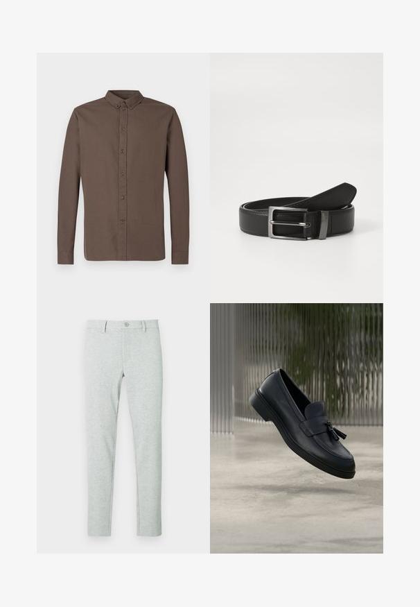 Chemise marron foncé à manches longues avec col classique, huit boutons sur le devant et un tissu lisse et léger.; Chinos gris clair avec une texture lisse, coupe ajustée, fermeture à boutons, et motif vertical côtelé subtil. Poches avant et passants pour ceinture inclus.; Mocassins en cuir noir avec une texture lisse, un bout arrondi et des pampilles décoratives à l'avant. Semelle en caoutchouc flexible avec un petit talon.; Ceinture en cuir noir avec une boucle en métal argenté, présentant une finition lisse et un design classique. La ceinture est soigneusement pliée.