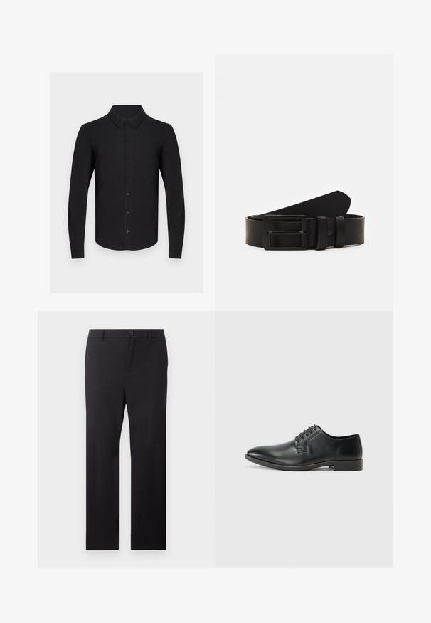 Chemise noire à manches longues en tissu doux, avec un devant boutonné, un col classique et des poignets boutonnés. Texture lisse sans motifs.; Pantalon noir droit avec passants de ceinture et fermeture à bouton sur le devant, sur fond blanc.; Chaussure habillée en cuir noir à surface lisse, design à lacets, bout pointu et semelle en caoutchouc profilée basse. Forme et détails minimalistes.; Ceinture en cuir noir roulée avec une boucle en métal rectangulaire noir mat et deux passants sur fond blanc.