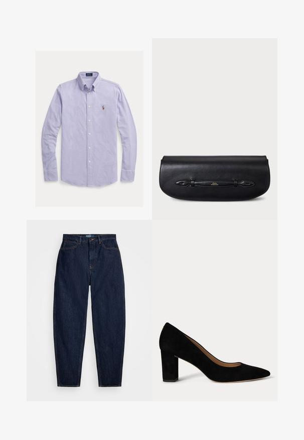 Lichtpaarse katoenen blouse met lange mouwen en knopen. Heeft een klassieke kraag, witte knopen en een klein geborduurd logo op de borst.; Donkerblauwe denim jeans met een rechte pasvorm, voorzien van oranje stiksels, een sluiting met knoop aan de voorkant en vijf zakken.; Zwarte suède damesschoen met lage blokhak, spits toelopende neus en beige binnenvoering op een witte achtergrond.; Zwarte leren clutch met een gladde textuur, afgeronde vorm en een decoratieve band met een goudkleurig logodetail.