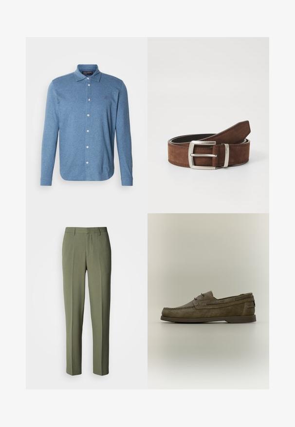 Polo bleu à manches longues en tissu texturé, avec une fermeture boutonnée à l'avant et un petit logo sur la poitrine.; Pantalon vert olive à coupe droite, avec une texture lisse, des plis simples, sans éléments métalliques ou accents visibles.; Mocassin marron en daim sans lacets avec couture moc toe et détail lacet, semelle en caoutchouc plate, garniture latérale et talon bas sur fond neutre.; Ceinture en suède marron avec une boucle en métal argenté et des détails de coutures linéaires. La ceinture est plate et a une largeur et une forme classiques.