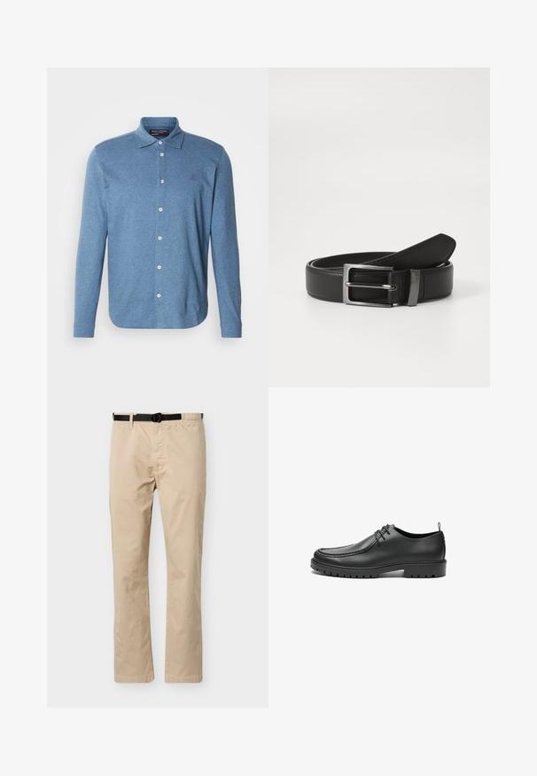 Polo bleu à manches longues en tissu texturé, avec une fermeture boutonnée à l'avant et un petit logo sur la poitrine.; Pantalon beige à jambes droites avec ceinture noire ajustable, taille élastique d'un côté et couture décorative à l'avant.; Chaussures en cuir noir avec une finition lisse, bout arrondi et coutures décoratives. Elles possèdent une semelle en caoutchouc avec des rainures de traction et un laçage.; Ceinture en cuir noir avec une boucle en métal argenté, présentant une finition lisse et un design classique. La ceinture est soigneusement pliée.