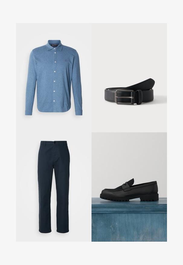 Polo bleu à manches longues en tissu texturé, avec une fermeture boutonnée à l'avant et un petit logo sur la poitrine.; Chinos bleu marine en tissu de coton, avec une coupe droite, fermeture à bouton et poches latérales pour plus de praticité.; Chaussure noire en cuir sans lacets avec un accent en tissu texturé, une semelle en caoutchouc robuste et une finition lisse. Présente un détail de couture subtil.; Ceinture en cuir noir roulée avec une boucle métallique argentée rectangulaire sur un fond clair uni.