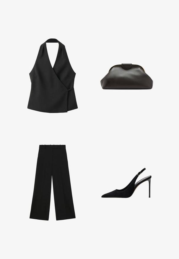 Top negro sin mangas cruzado con escote halter y detalle de lazo lateral sobre fondo blanco.; Pantalones negros de pierna ancha con trabillas y cintura alta, mostrados sobre un fondo blanco.; Zapato de tacón alto negro de ante con punta afilada, tacón delgado y correa ajustable con acentos en tono dorado.; Bolso de mano de cuero negro suave con un marco redondeado y un pequeño cierre en la parte superior central.
