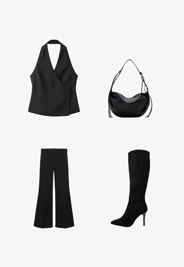 Sort ærmeløs wrap-top med halterneck og sidebindedetalje på hvid baggrund.; Sorte bredbenede bukser med høj talje, struktureret design og forreste indsnit. Fremstillet af et glat stof med en diskret taljebånd og bæltesløjfer.; Sort ruskind knæhøj støvle med spids tå og stilettohæl. Glat tekstur, strømlinet design, ingen synlige metaldele eller accenter.; Sort læder skuldertaske med en enkelt strop og guldfarvet lynlås og hardwaredetaljer på en hvid baggrund.