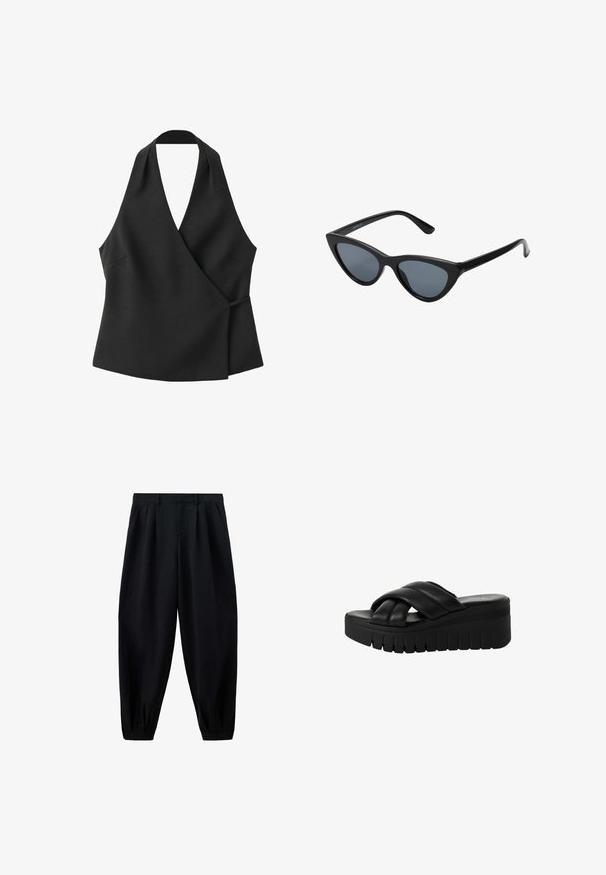 Top negro sin mangas cruzado con escote halter y detalle de lazo lateral sobre fondo blanco.; Pantalones negros de cintura alta y corte cónico con pliegues en la cintura y los bajos, y bolsillos laterales, mostrados sobre un fondo blanco.; Sandalias de plataforma negras con tiras cruzadas de cuero suave, que cuentan con una suela gruesa y texturizada y una punta ligeramente redonda.; Gafas de sol negras en forma de ojo de gato con lentes gris oscuro, marco de plástico elegante, esquinas puntiagudas y patillas rectas. Sin herrajes ni acentos visibles.